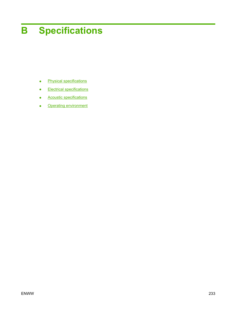 Specifications, Appendix b specifications, Bspecifications | HP LaserJet M4349 Multifunction Printer series User Manual | Page 247 / 282