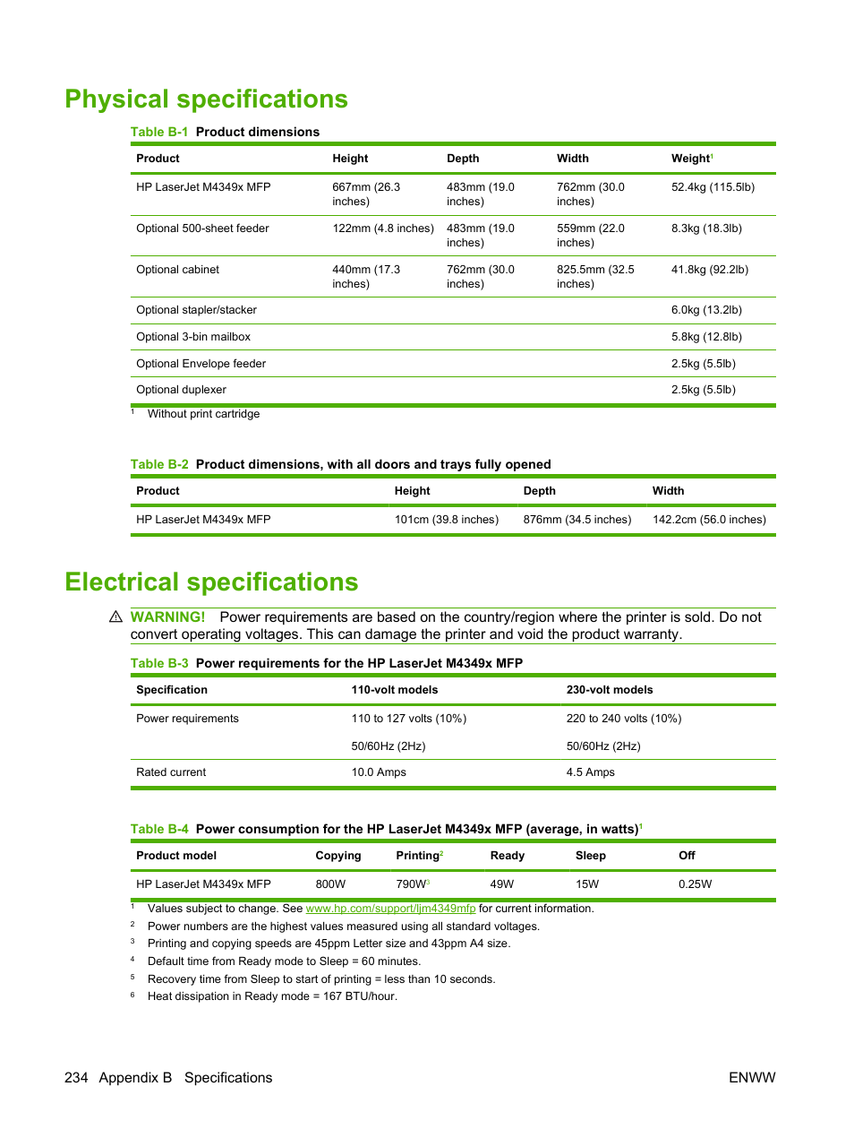 Physical specifications, Electrical specifications, Physical specifications electrical specifications | 234 appendix b specifications enww | HP LaserJet M4349 Multifunction Printer series User Manual | Page 248 / 282