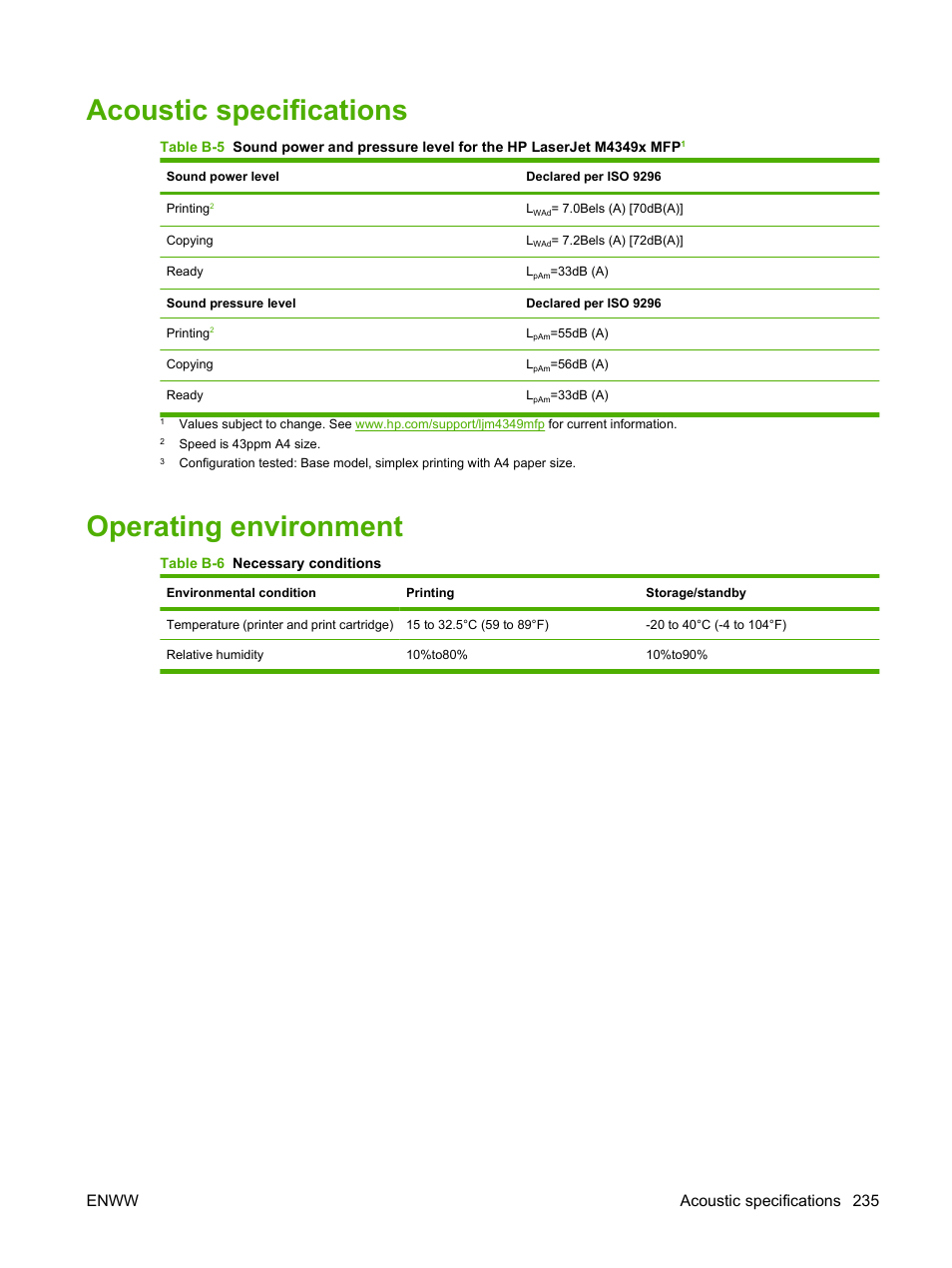 Acoustic specifications, Operating environment, Acoustic specifications operating environment | Enww acoustic specifications 235 | HP LaserJet M4349 Multifunction Printer series User Manual | Page 249 / 282