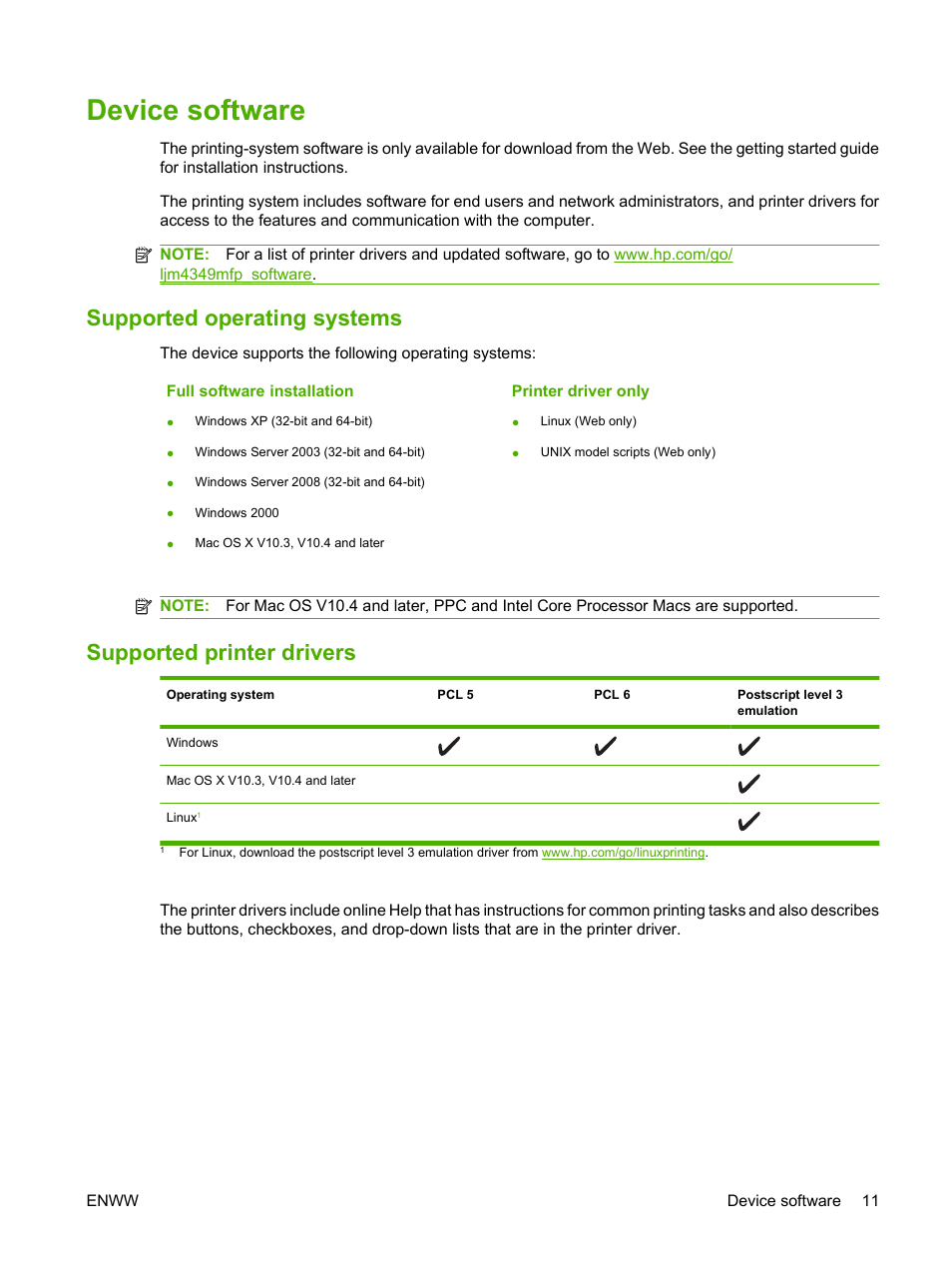 Device software, Supported operating systems, Supported printer drivers | HP LaserJet M4349 Multifunction Printer series User Manual | Page 25 / 282