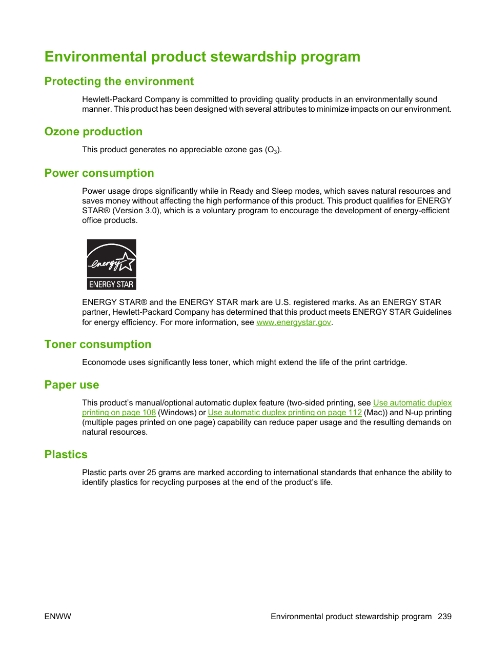 Environmental product stewardship program, Protecting the environment, Ozone production | Power consumption, Toner consumption, Paper use, Plastics | HP LaserJet M4349 Multifunction Printer series User Manual | Page 253 / 282