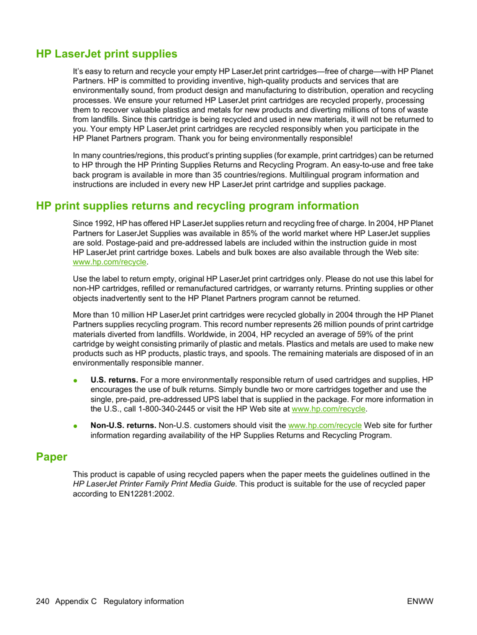 Hp laserjet print supplies, Paper | HP LaserJet M4349 Multifunction Printer series User Manual | Page 254 / 282