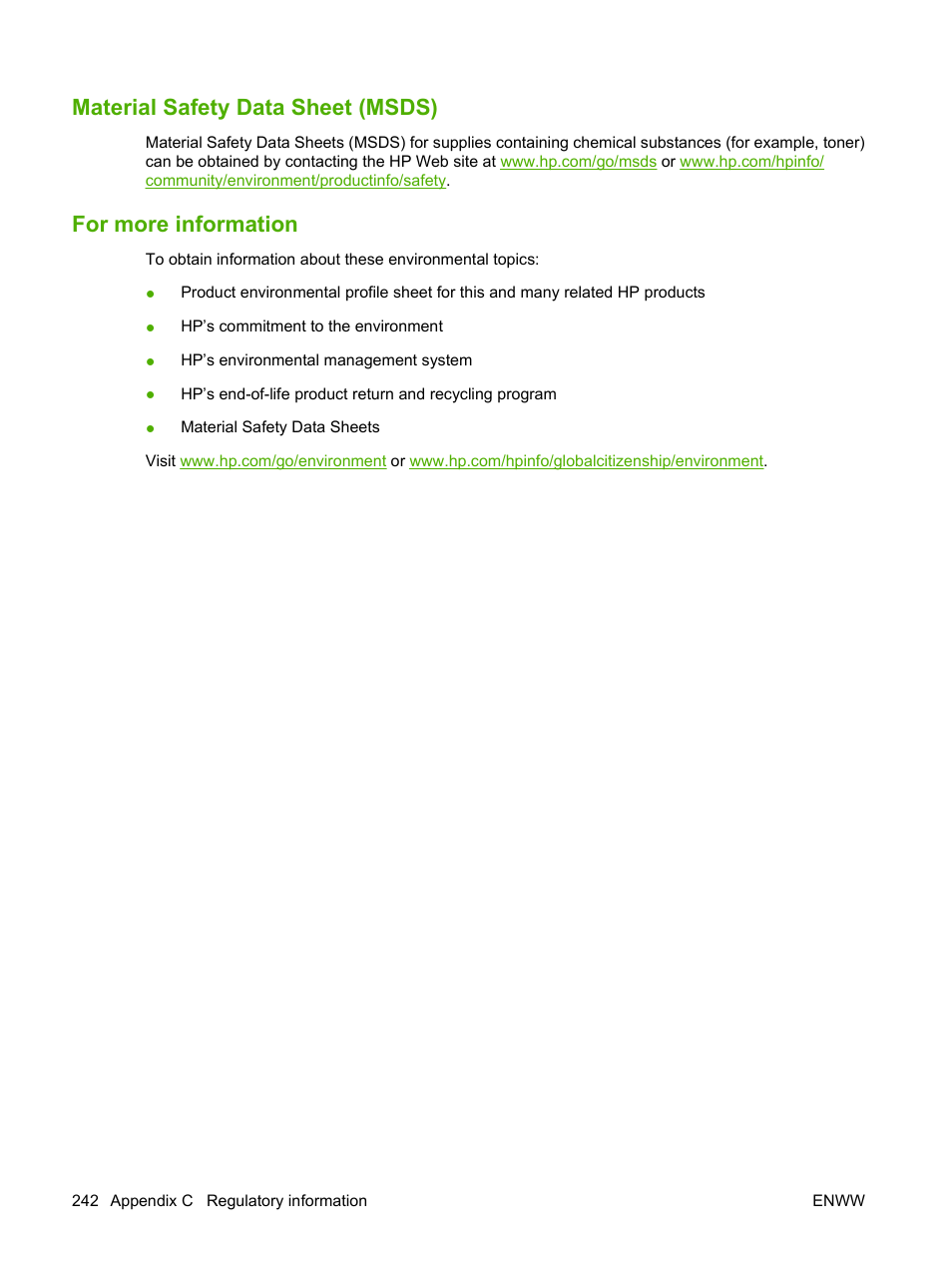 Material safety data sheet (msds), For more information | HP LaserJet M4349 Multifunction Printer series User Manual | Page 256 / 282