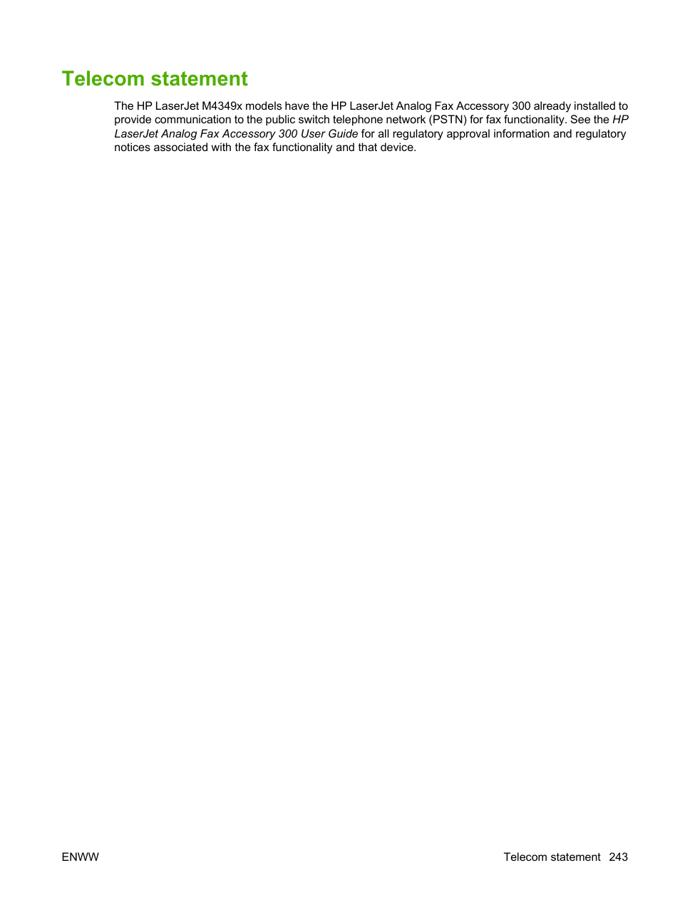 Telecom statement | HP LaserJet M4349 Multifunction Printer series User Manual | Page 257 / 282