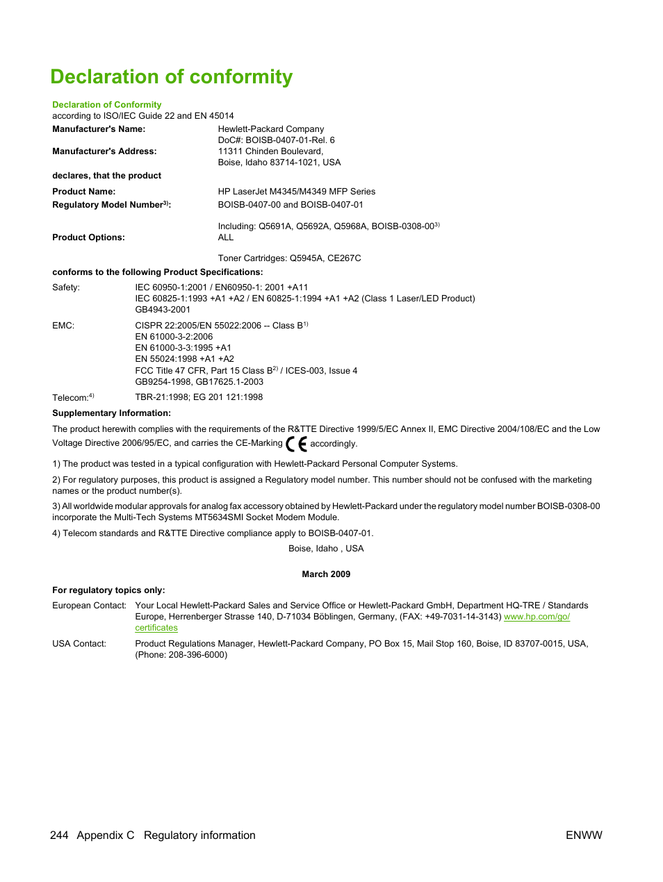 Declaration of conformity, 244 appendix c regulatory information enww | HP LaserJet M4349 Multifunction Printer series User Manual | Page 258 / 282