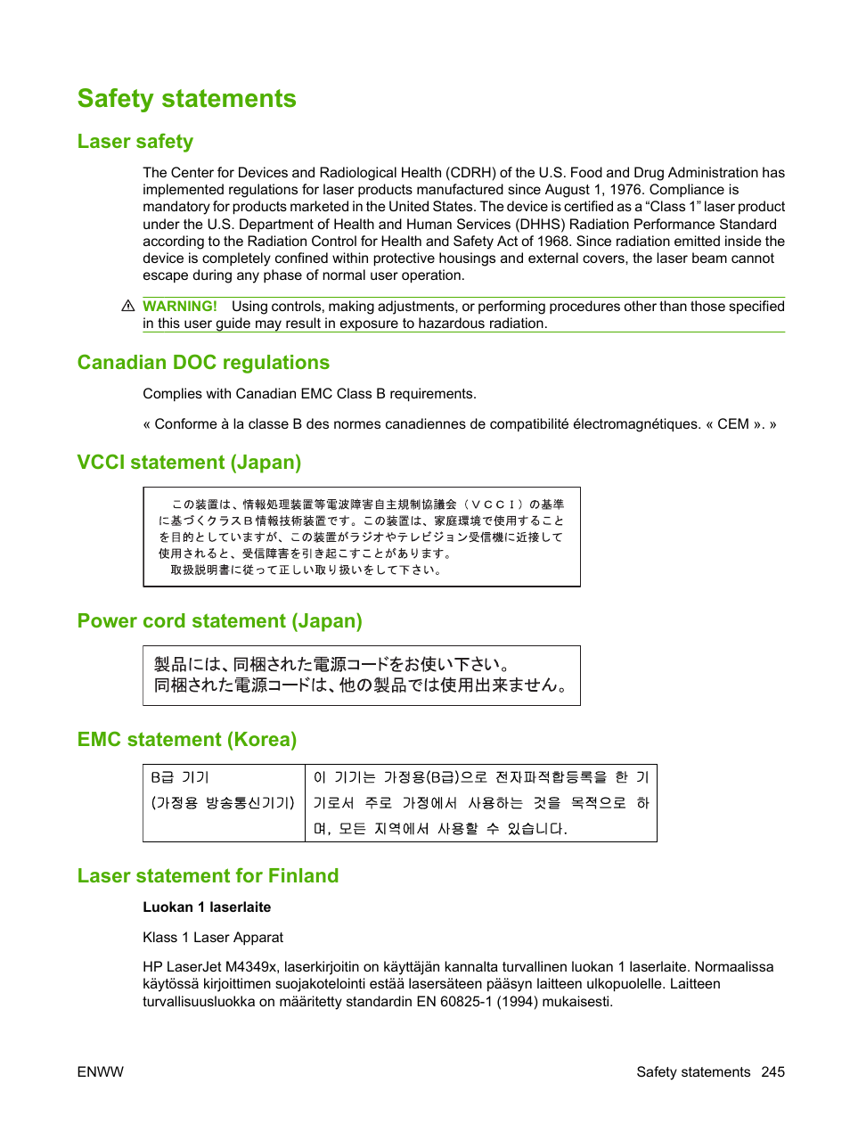 Safety statements, Laser safety, Canadian doc regulations | Vcci statement (japan), Power cord statement (japan), Emc statement (korea), Laser statement for finland | HP LaserJet M4349 Multifunction Printer series User Manual | Page 259 / 282