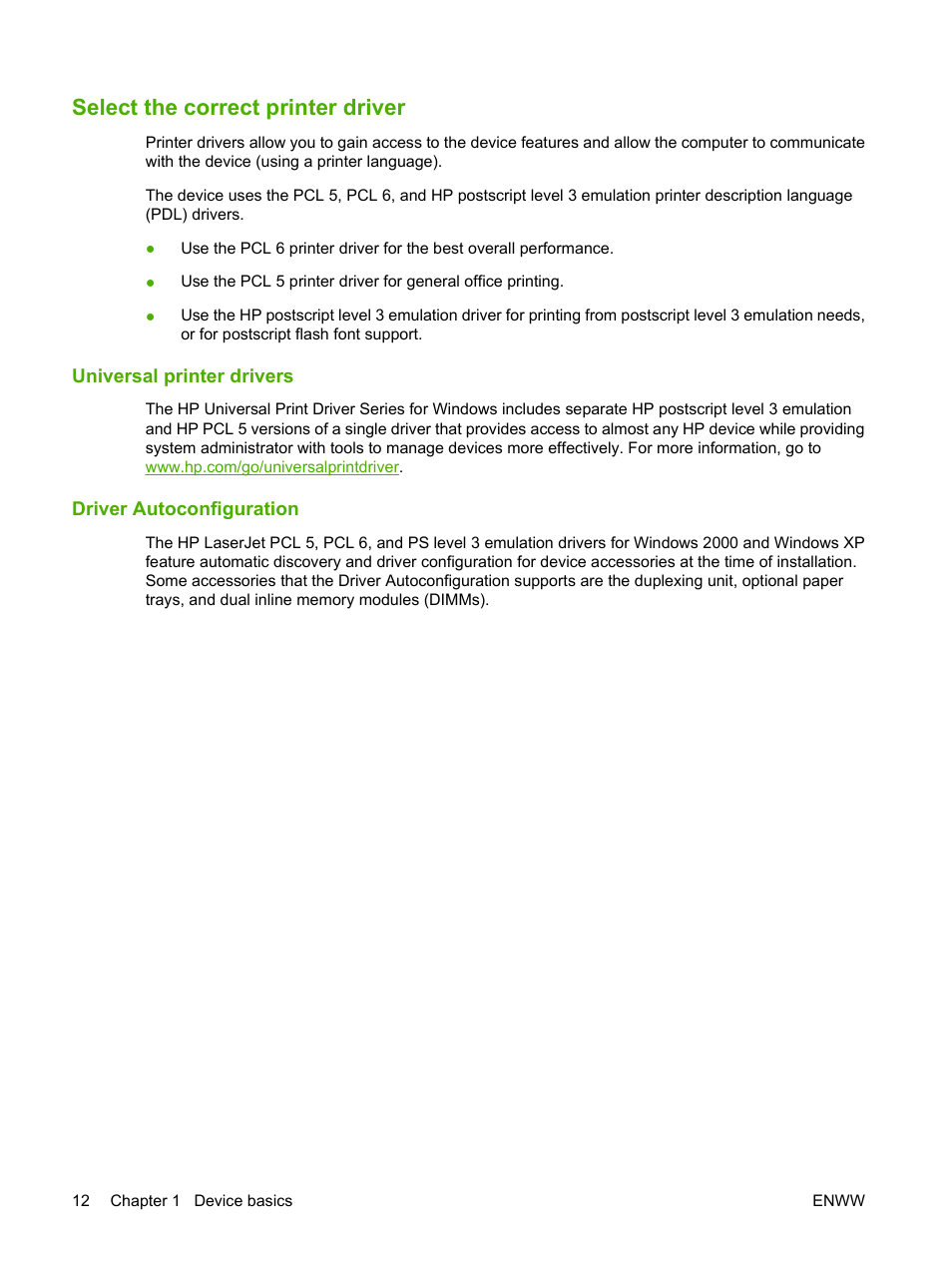 Select the correct printer driver, Universal printer drivers, Driver autoconfiguration | Universal printer drivers driver autoconfiguration | HP LaserJet M4349 Multifunction Printer series User Manual | Page 26 / 282