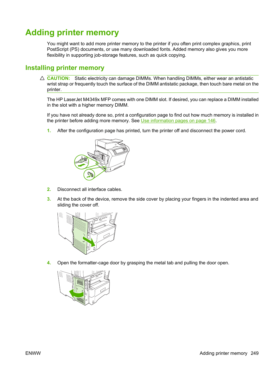 Adding printer memory, Installing printer memory, Adding | Adding printer | HP LaserJet M4349 Multifunction Printer series User Manual | Page 263 / 282