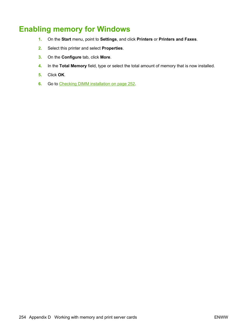 Enabling memory for windows | HP LaserJet M4349 Multifunction Printer series User Manual | Page 268 / 282