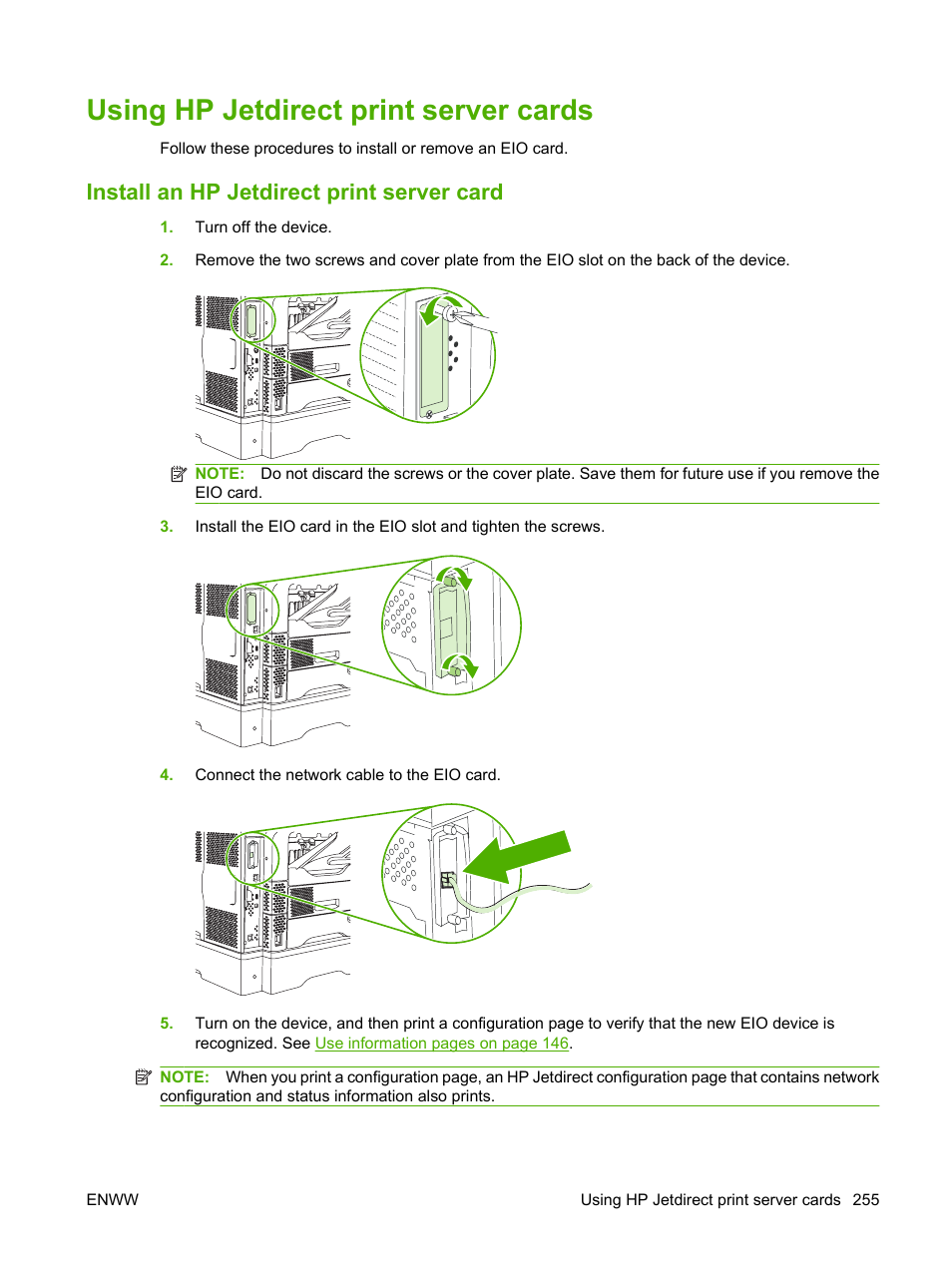 Using hp jetdirect print server cards, Install an hp jetdirect print server card | HP LaserJet M4349 Multifunction Printer series User Manual | Page 269 / 282