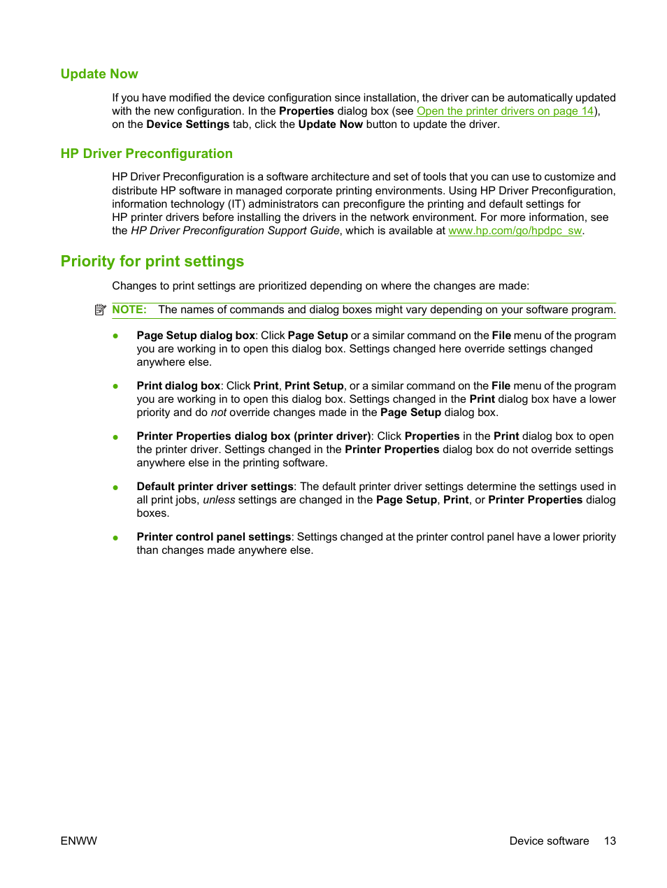 Update now, Hp driver preconfiguration, Priority for print settings | Update now hp driver preconfiguration | HP LaserJet M4349 Multifunction Printer series User Manual | Page 27 / 282