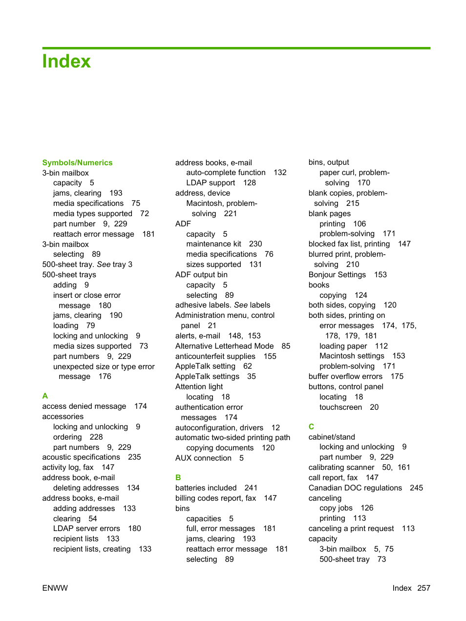 Index | HP LaserJet M4349 Multifunction Printer series User Manual | Page 271 / 282