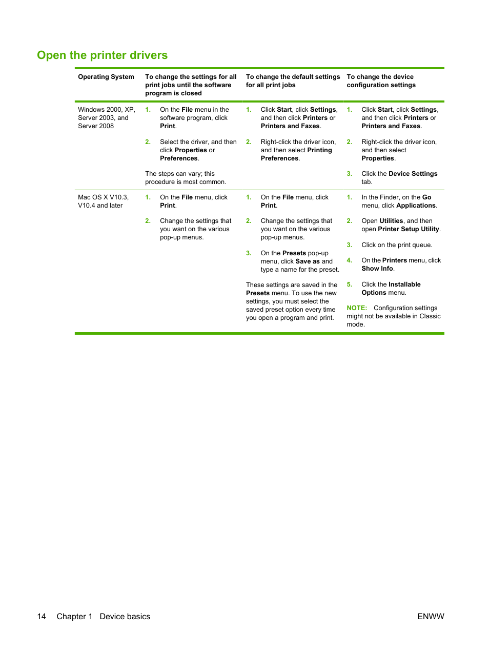 Open the printer drivers, 14 chapter 1 device basics enww | HP LaserJet M4349 Multifunction Printer series User Manual | Page 28 / 282