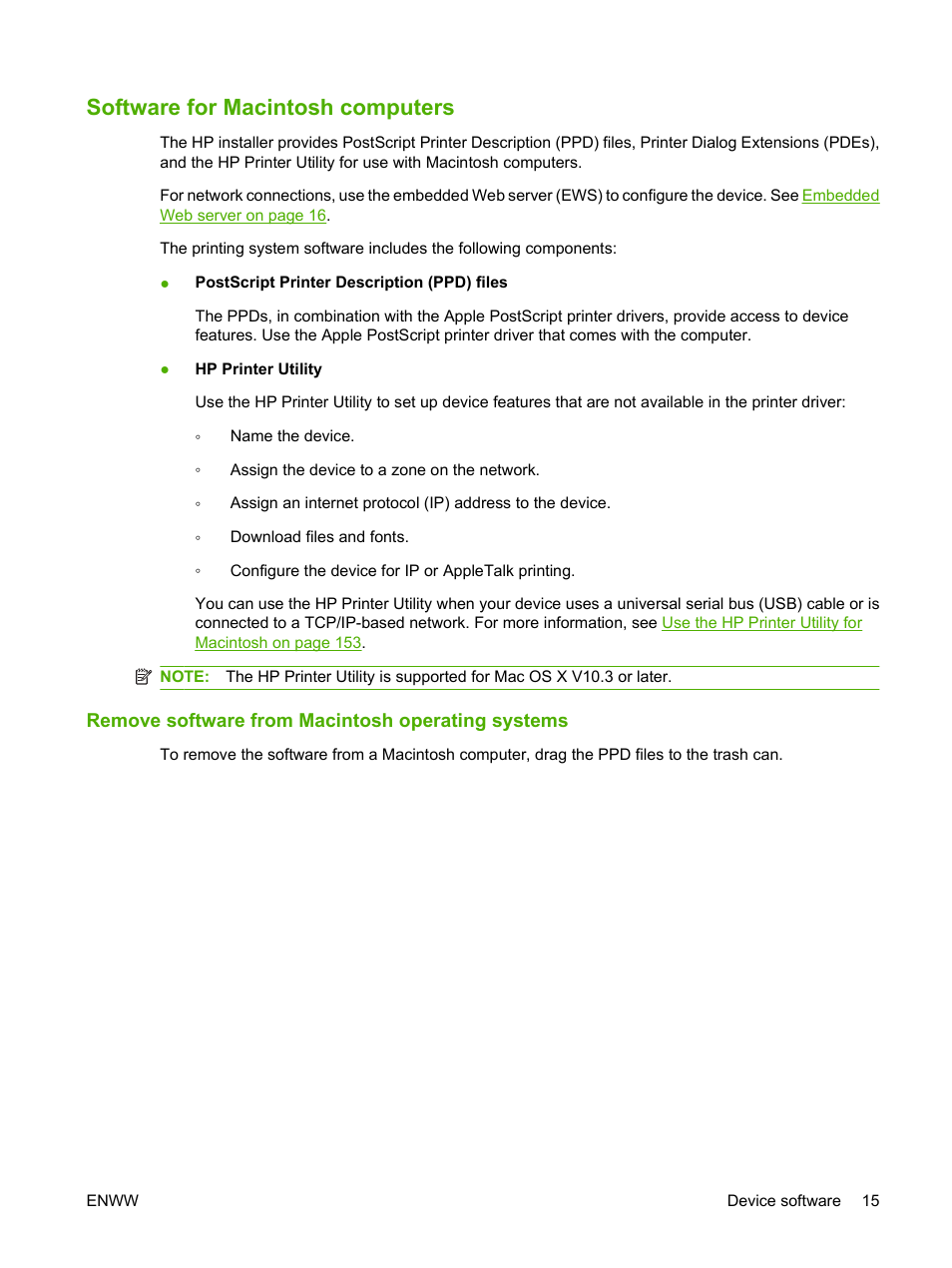 Software for macintosh computers, Remove software from macintosh operating systems | HP LaserJet M4349 Multifunction Printer series User Manual | Page 29 / 282