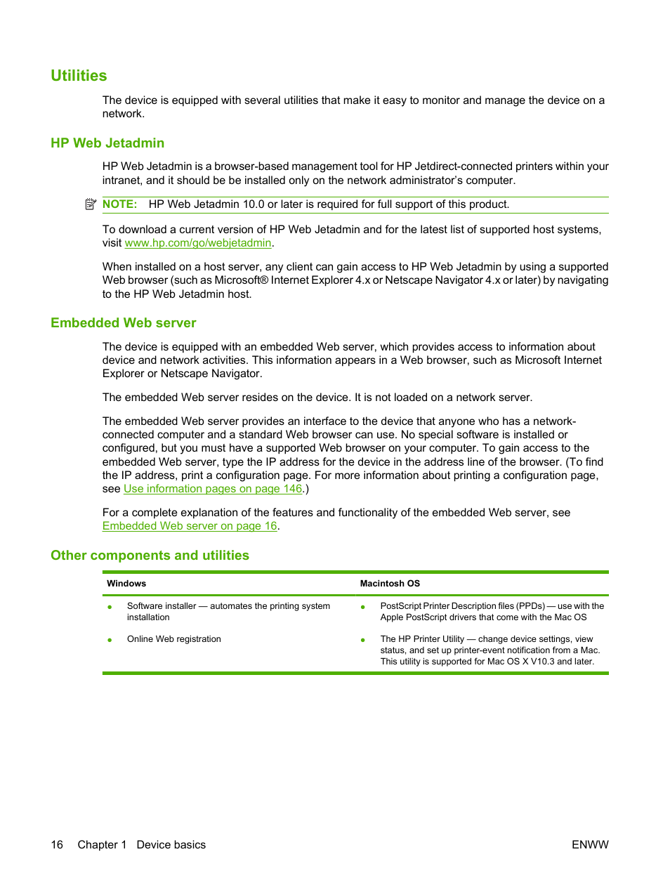 Utilities, Hp web jetadmin, Embedded web server | Other components and utilities, Embedded | HP LaserJet M4349 Multifunction Printer series User Manual | Page 30 / 282