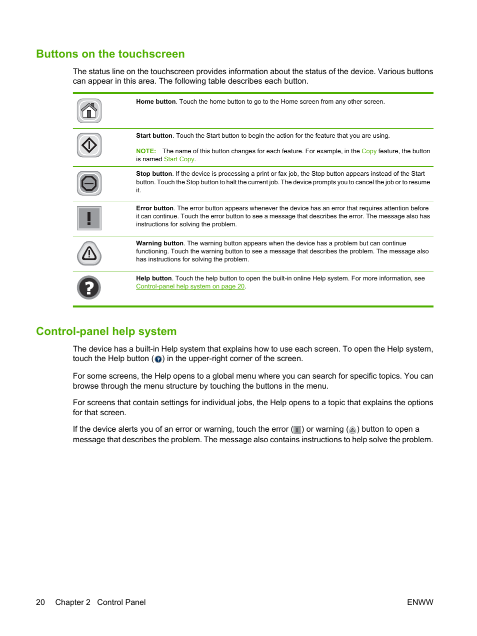 Buttons on the touchscreen, Control-panel help system | HP LaserJet M4349 Multifunction Printer series User Manual | Page 34 / 282