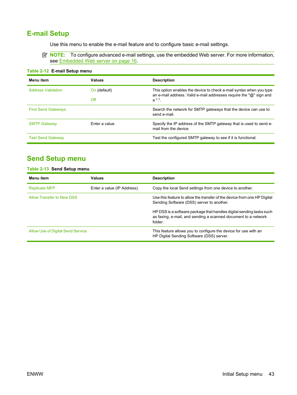 E-mail setup, Send setup menu, E-mail setup send setup menu | HP LaserJet M4349 Multifunction Printer series User Manual | Page 57 / 282