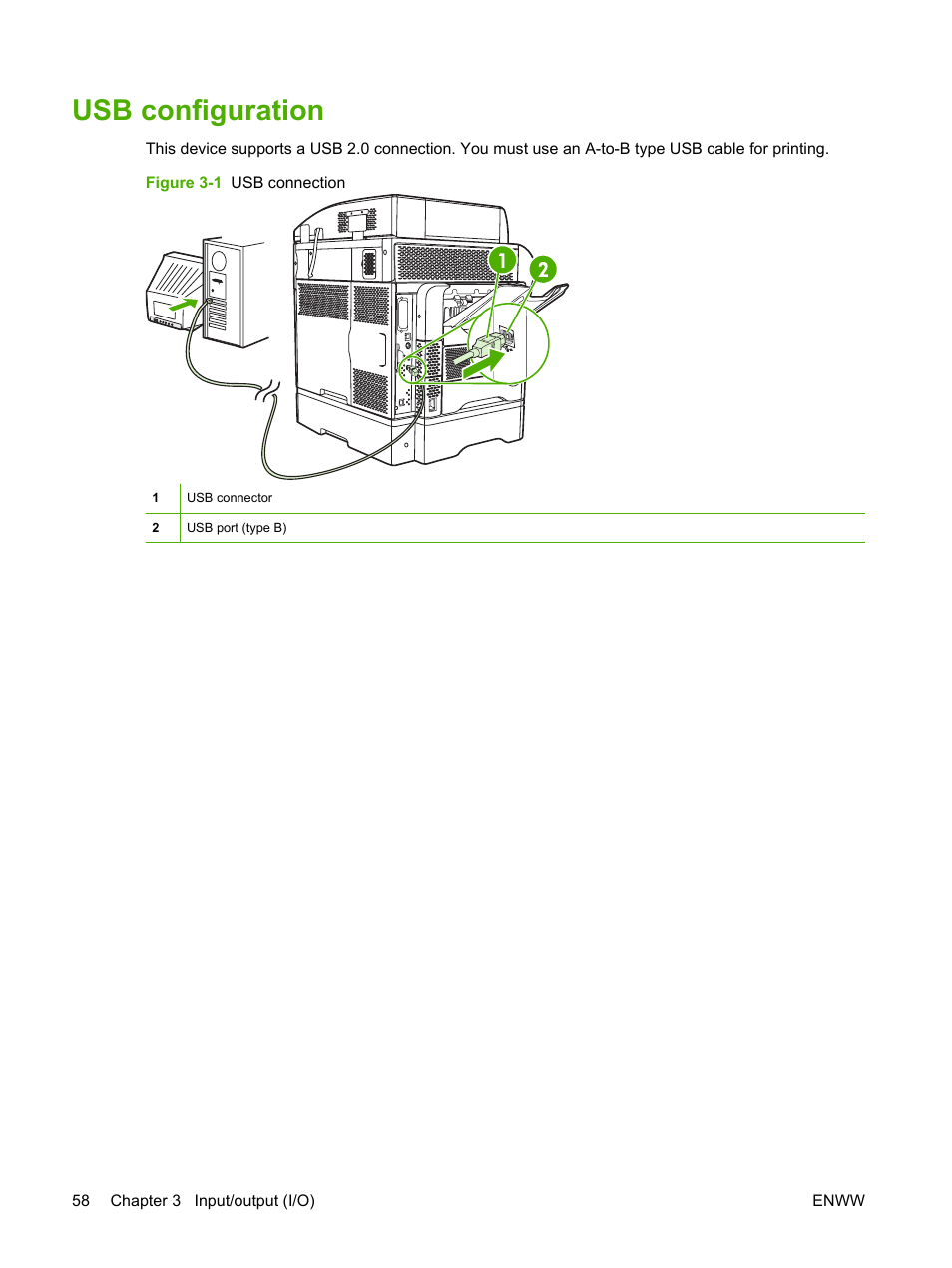 Usb configuration | HP LaserJet M4349 Multifunction Printer series User Manual | Page 72 / 282