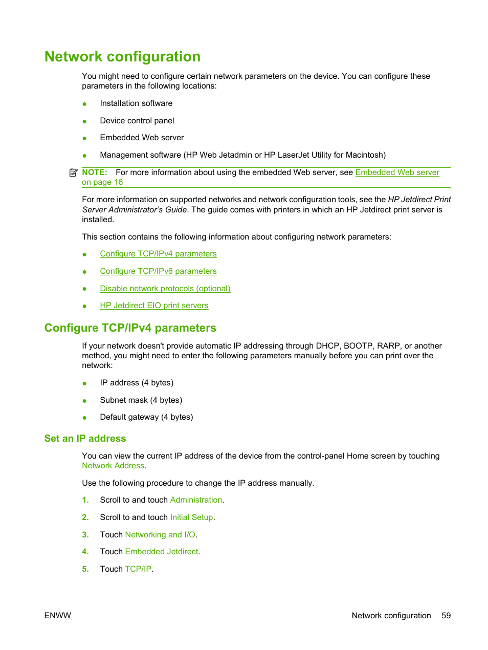 Network configuration, Configure tcp/ipv4 parameters, Set an ip address | HP LaserJet M4349 Multifunction Printer series User Manual | Page 73 / 282