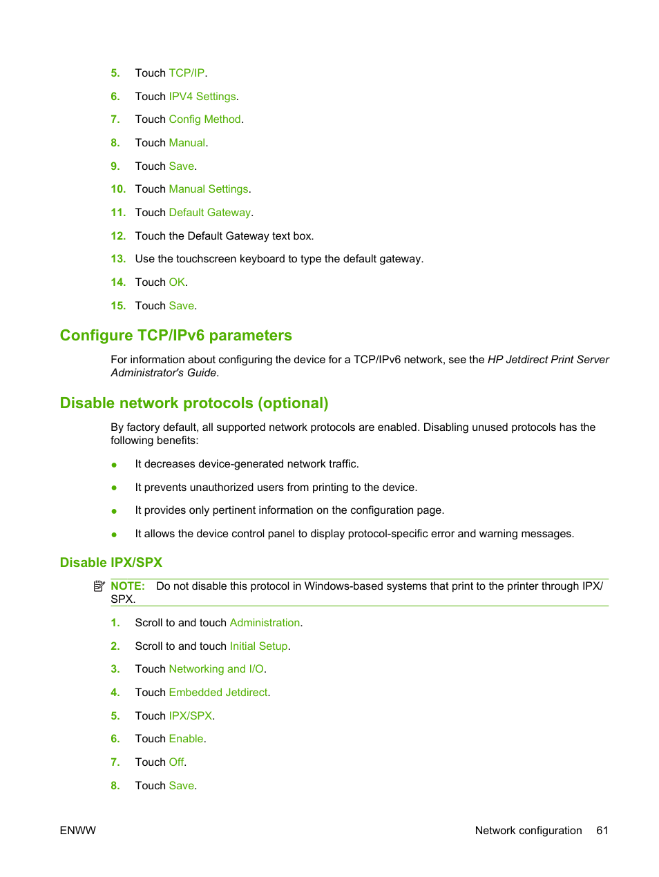 Configure tcp/ipv6 parameters, Disable network protocols (optional), Disable ipx/spx | HP LaserJet M4349 Multifunction Printer series User Manual | Page 75 / 282