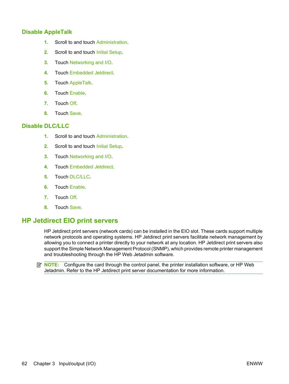 Disable appletalk, Disable dlc/llc, Hp jetdirect eio print servers | Disable appletalk disable dlc/llc | HP LaserJet M4349 Multifunction Printer series User Manual | Page 76 / 282