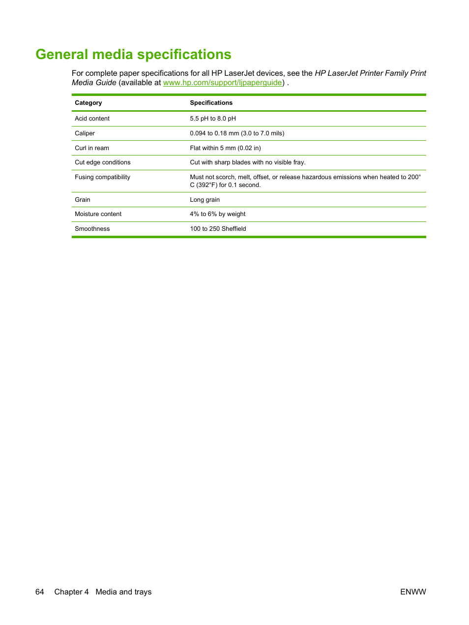 General media specifications | HP LaserJet M4349 Multifunction Printer series User Manual | Page 78 / 282