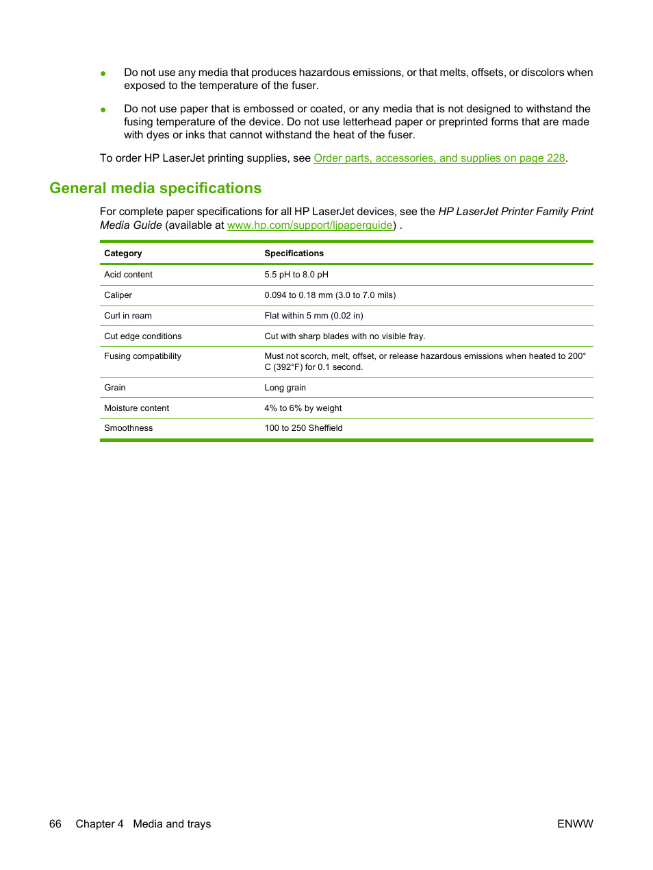 General media specifications | HP LaserJet M4349 Multifunction Printer series User Manual | Page 80 / 282