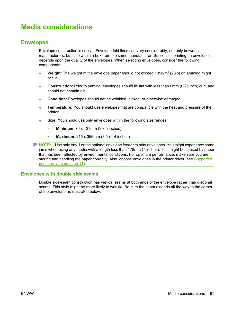 Media considerations, Envelopes, Envelopes with double side seams | HP LaserJet M4349 Multifunction Printer series User Manual | Page 81 / 282