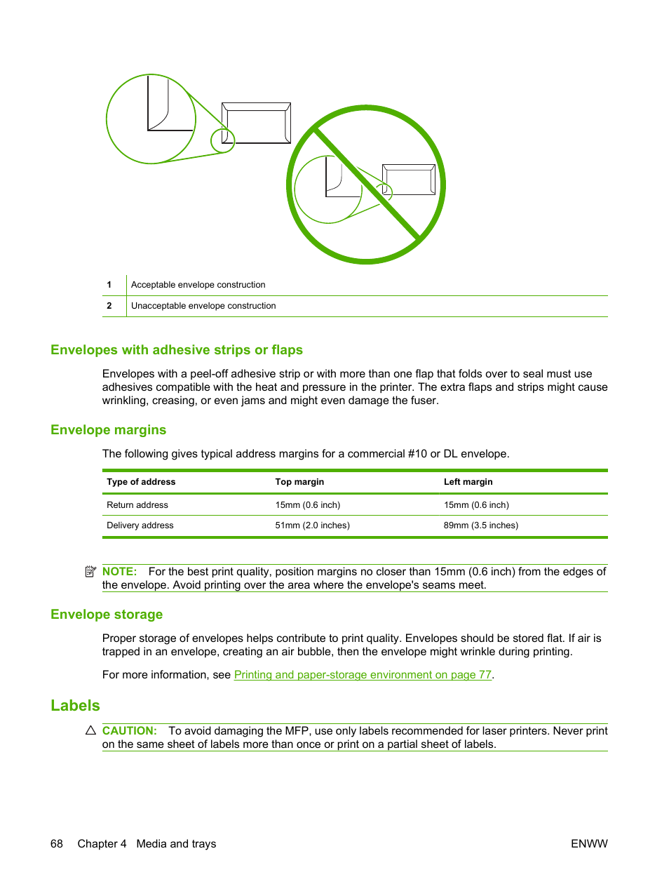 Envelopes with adhesive strips or flaps, Envelope margins, Envelope storage | Labels | HP LaserJet M4349 Multifunction Printer series User Manual | Page 82 / 282