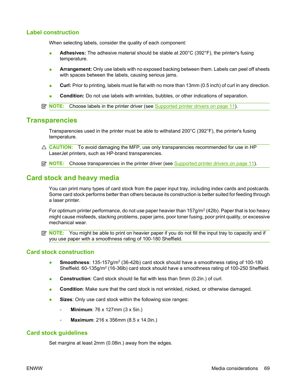 Label construction, Transparencies, Card stock and heavy media | Card stock construction, Card stock guidelines, Transparencies card stock and heavy media, Card stock construction card stock guidelines | HP LaserJet M4349 Multifunction Printer series User Manual | Page 83 / 282