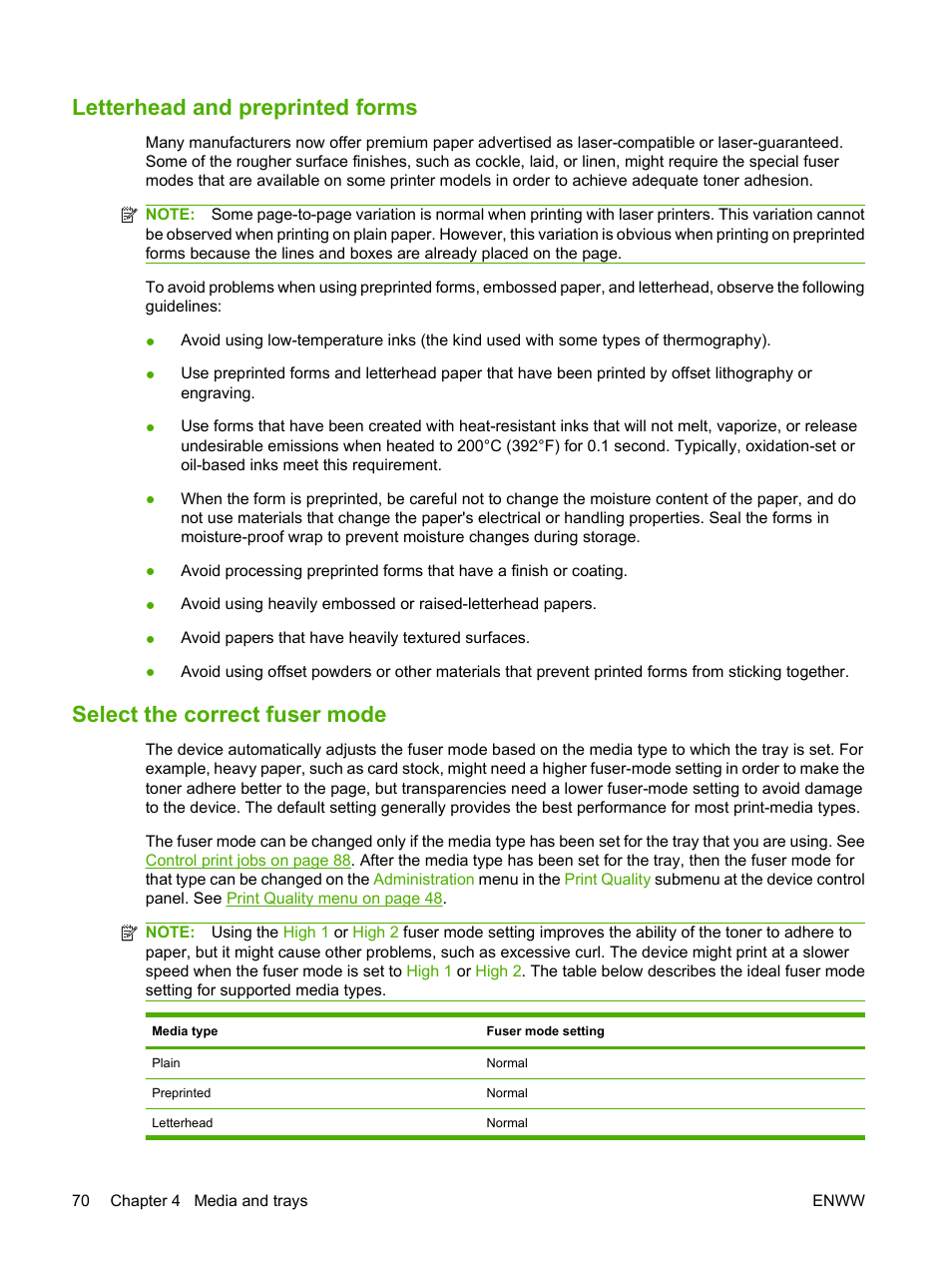 Letterhead and preprinted forms, Select the correct fuser mode | HP LaserJet M4349 Multifunction Printer series User Manual | Page 84 / 282