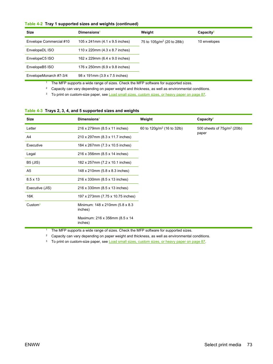 Enww select print media 73 | HP LaserJet M4349 Multifunction Printer series User Manual | Page 87 / 282