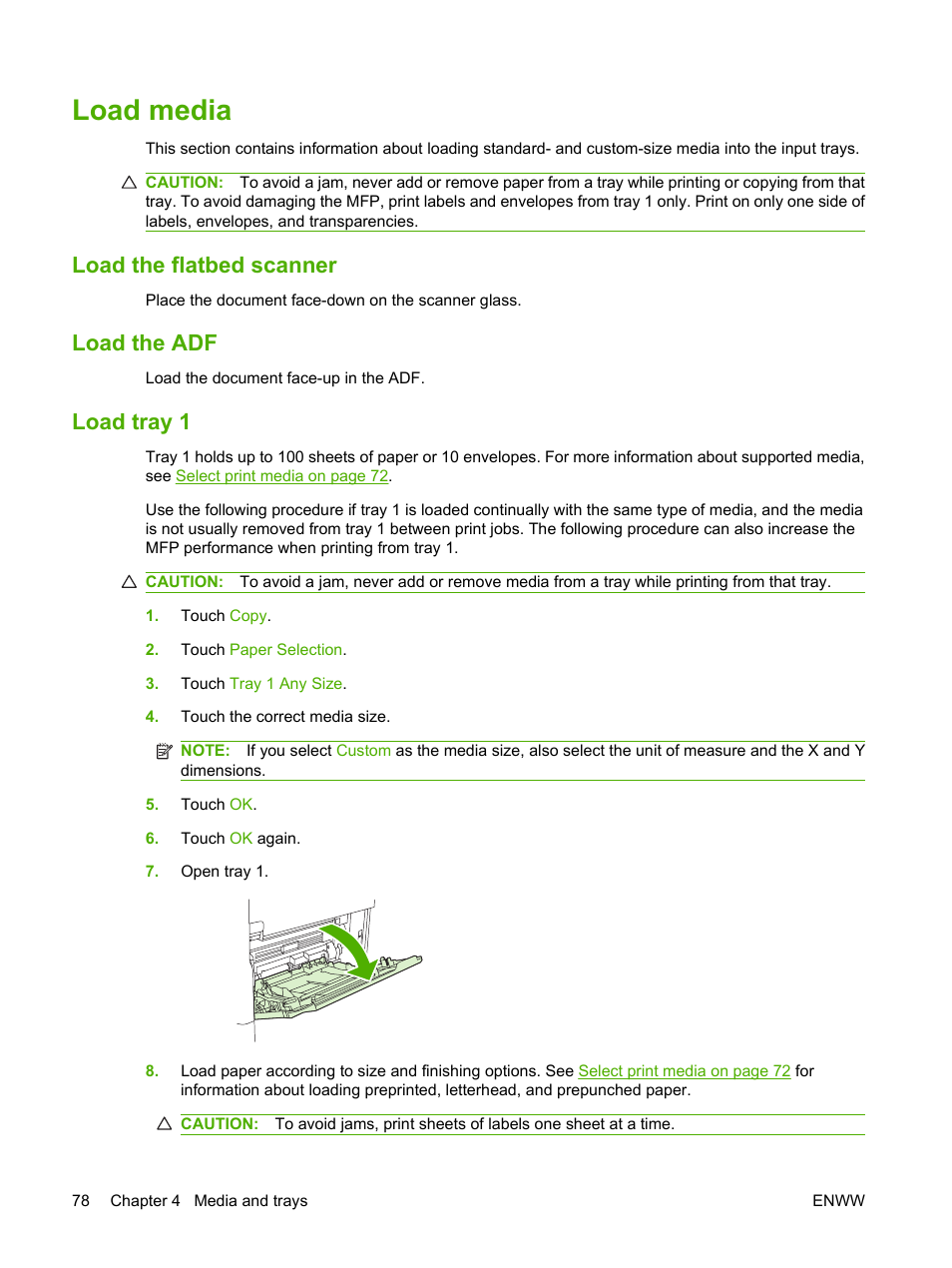 Load media, Load the flatbed scanner, Load the adf | Load tray 1, Load the flatbed scanner load the adf load tray 1 | HP LaserJet M4349 Multifunction Printer series User Manual | Page 92 / 282