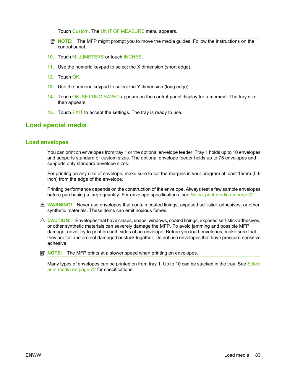 Load special media, Load envelopes | HP LaserJet M4349 Multifunction Printer series User Manual | Page 97 / 282