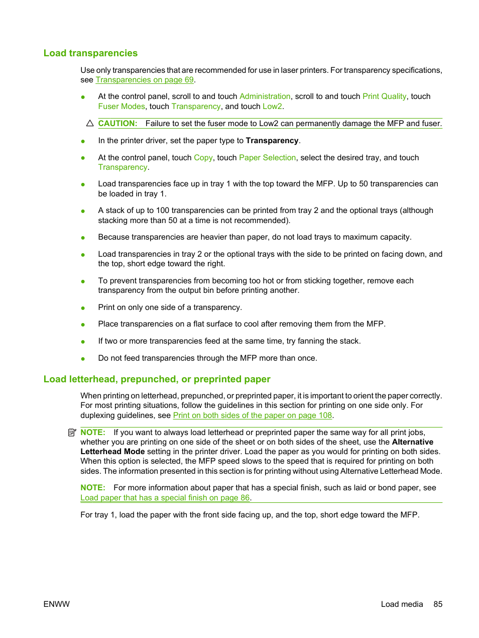 Load transparencies, Load letterhead, prepunched, or preprinted paper | HP LaserJet M4349 Multifunction Printer series User Manual | Page 99 / 282