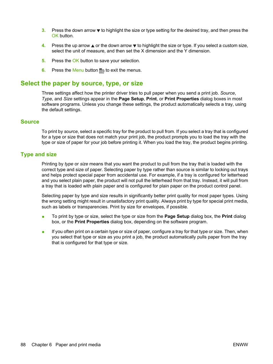 Select the paper by source, type, or size, Source, Type and size | Source type and size | HP Laserjet p3015 User Manual | Page 100 / 246