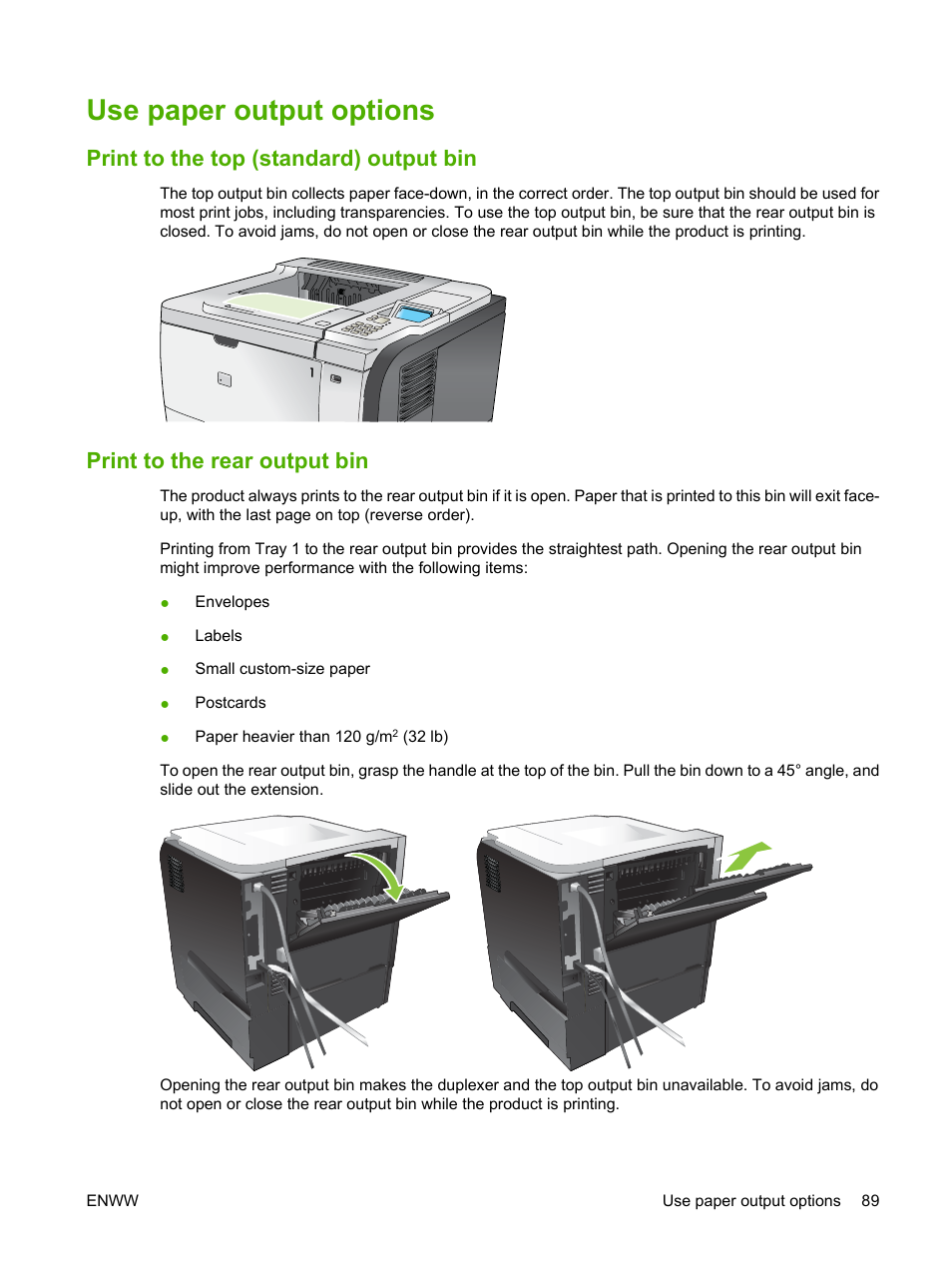 Use paper output options, Print to the top (standard) output bin, Print to the rear output bin | HP Laserjet p3015 User Manual | Page 101 / 246