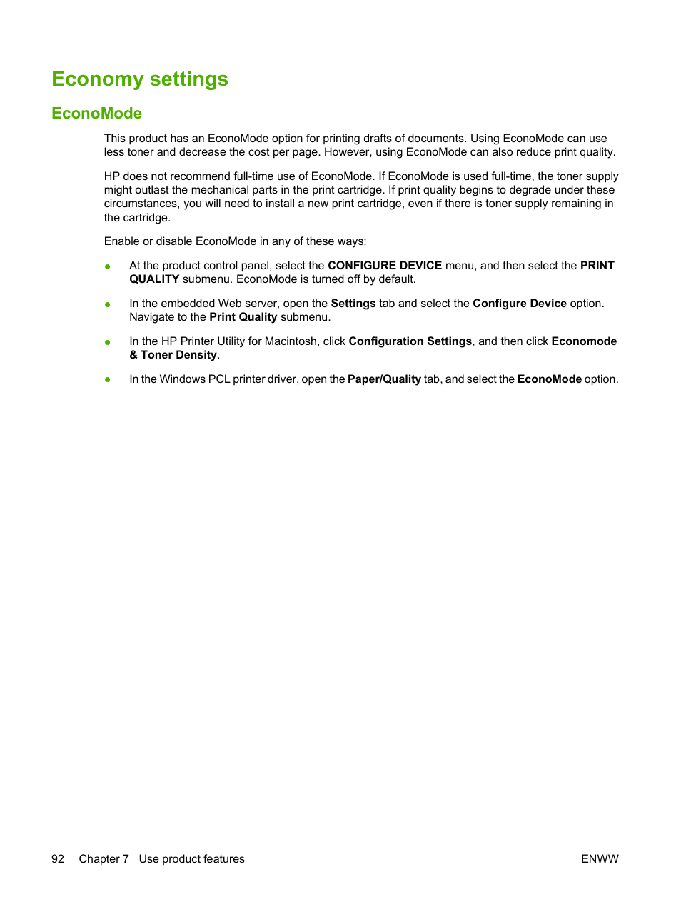 Economy settings, Economode | HP Laserjet p3015 User Manual | Page 104 / 246