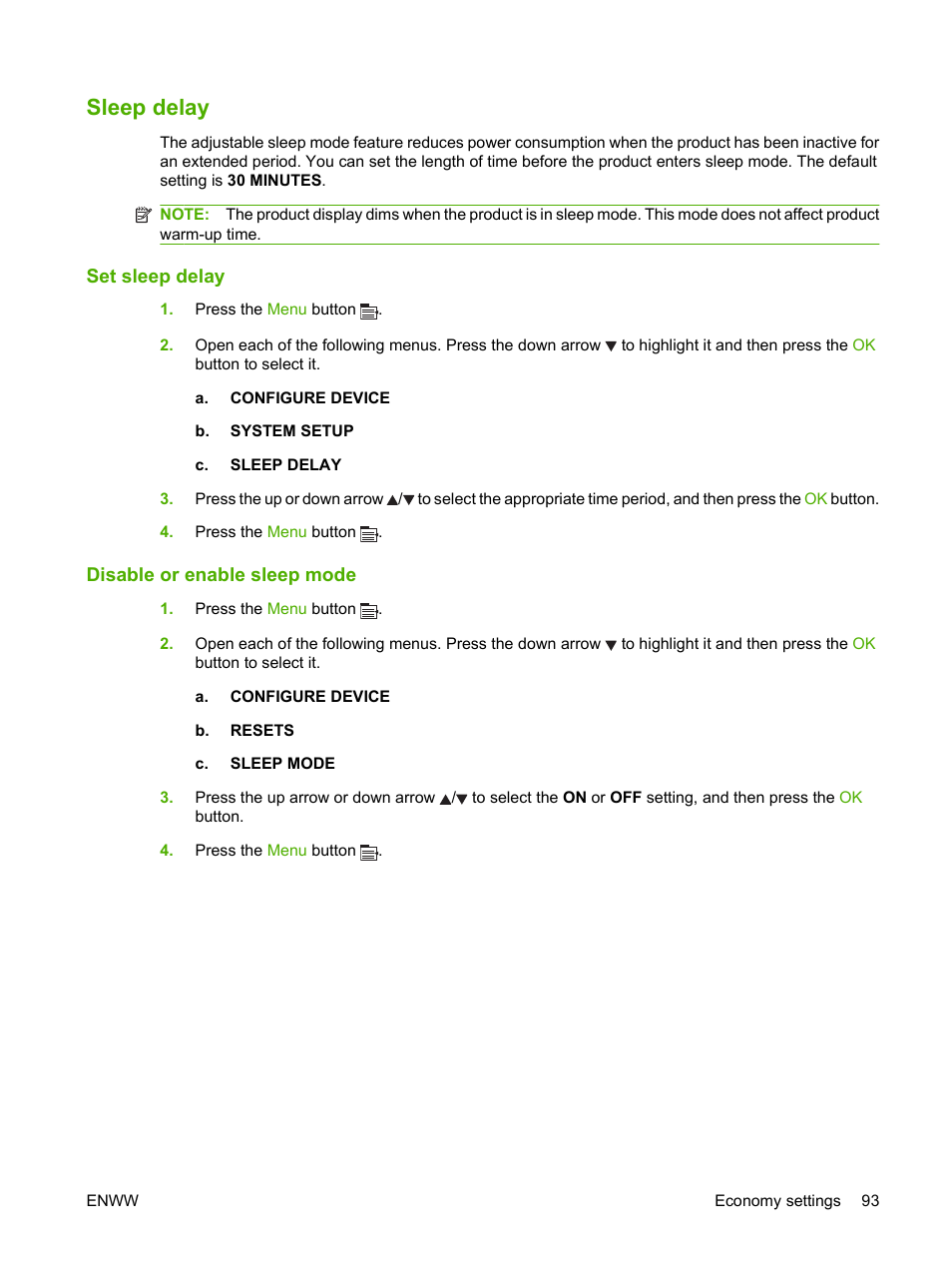 Sleep delay, Set sleep delay, Disable or enable sleep mode | Set sleep delay disable or enable sleep mode | HP Laserjet p3015 User Manual | Page 105 / 246