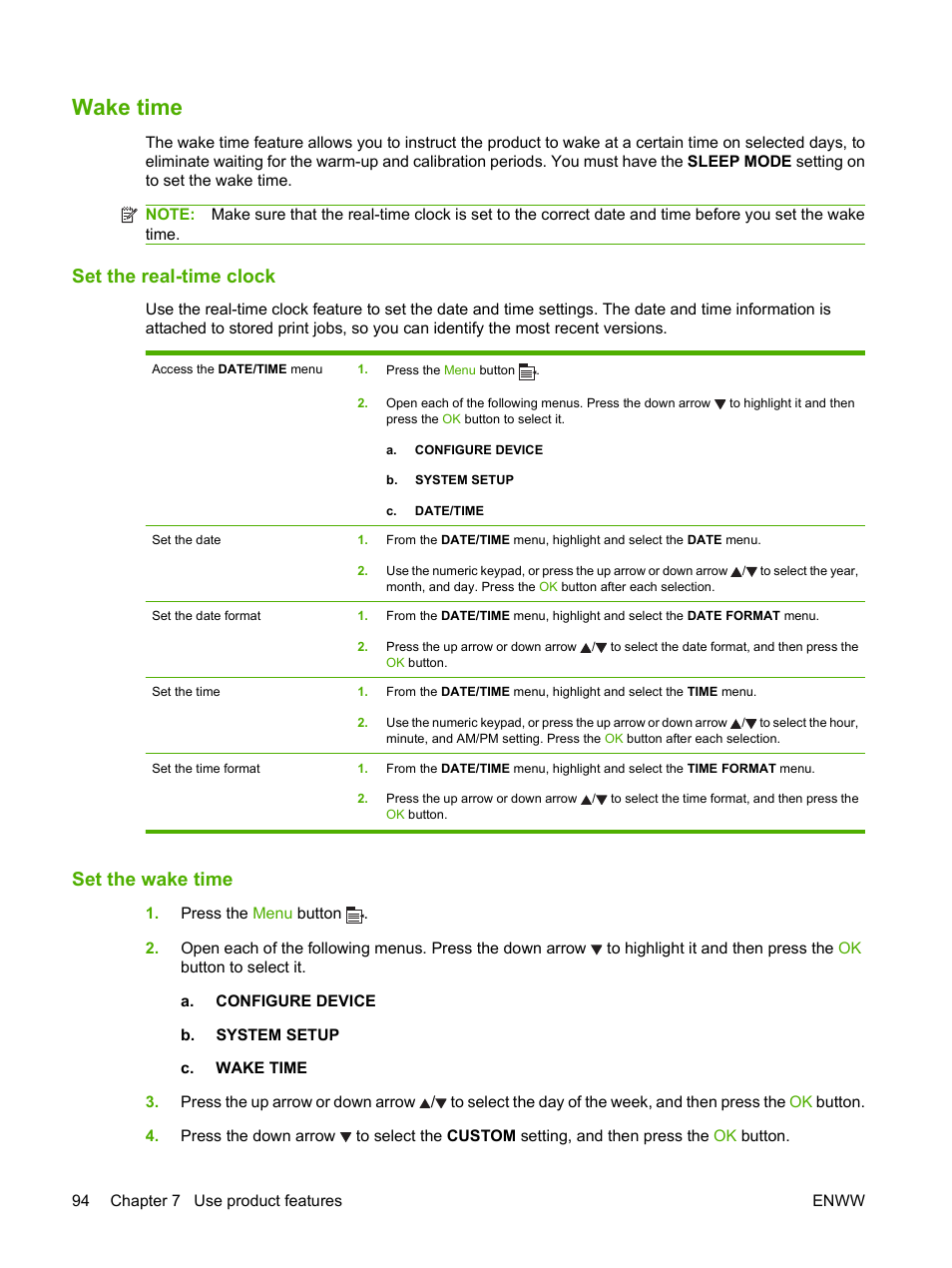 Wake time, Set the real-time clock, Set the wake time | Set the real-time clock set the wake time | HP Laserjet p3015 User Manual | Page 106 / 246