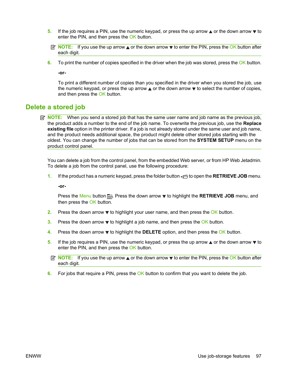 Delete a stored job | HP Laserjet p3015 User Manual | Page 109 / 246