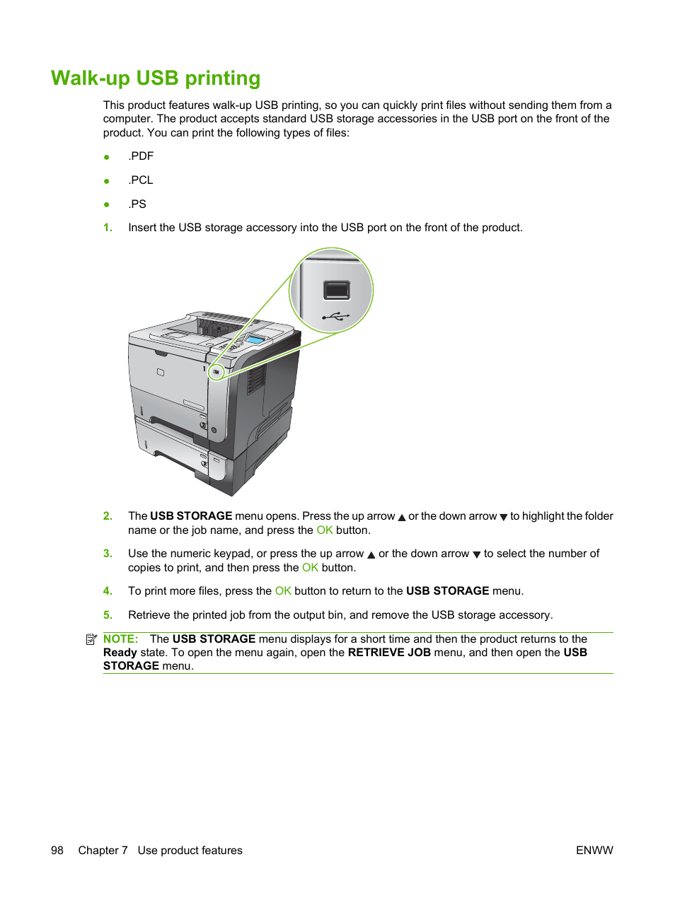 Walk-up usb printing | HP Laserjet p3015 User Manual | Page 110 / 246