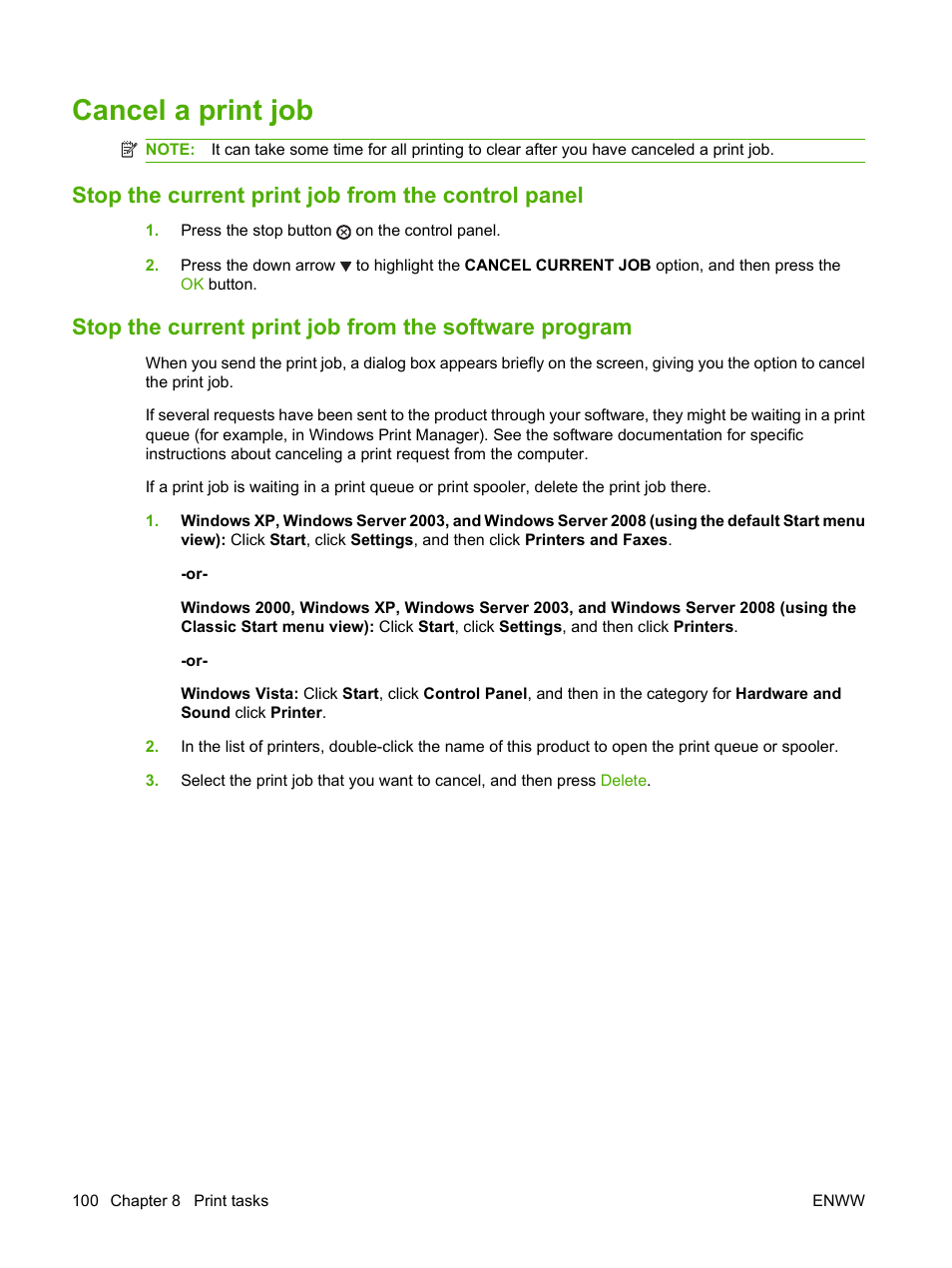 Cancel a print job, Stop the current print job from the control panel | HP Laserjet p3015 User Manual | Page 112 / 246