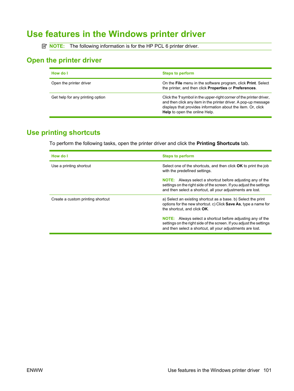 Use features in the windows printer driver, Open the printer driver, Use printing shortcuts | Open the printer driver use printing shortcuts | HP Laserjet p3015 User Manual | Page 113 / 246