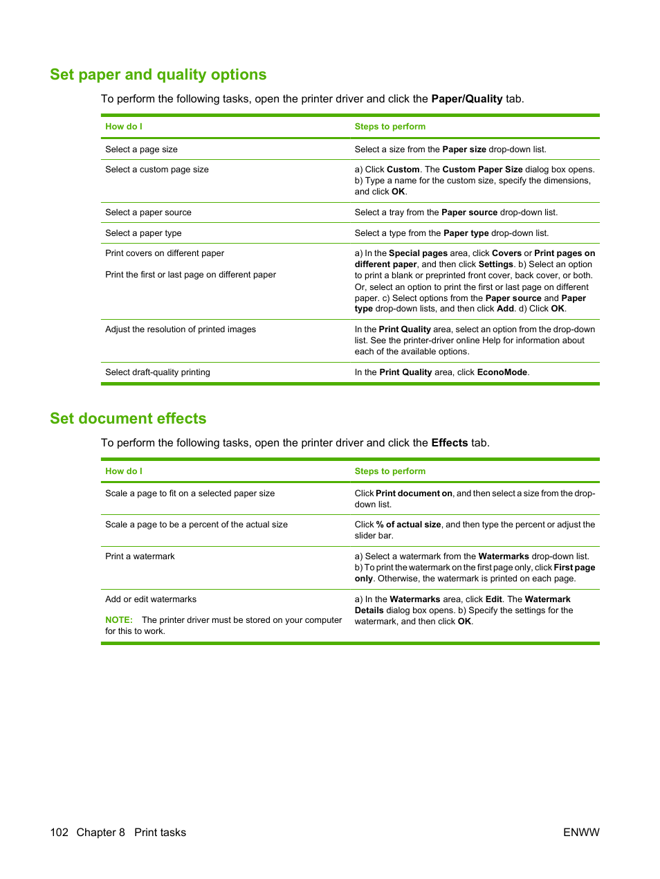 Set paper and quality options, Set document effects, Set paper and quality options set document effects | HP Laserjet p3015 User Manual | Page 114 / 246