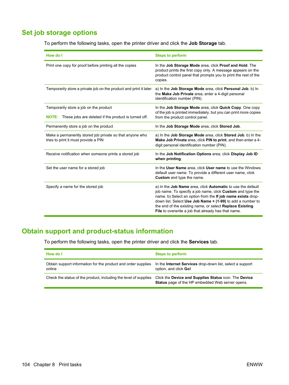 Set job storage options, Obtain support and product-status information | HP Laserjet p3015 User Manual | Page 116 / 246