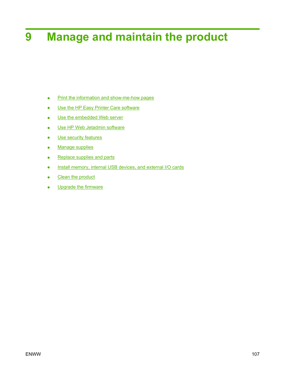 Manage and maintain the product, 9 manage and maintain the product, 9manage and maintain the product | HP Laserjet p3015 User Manual | Page 119 / 246