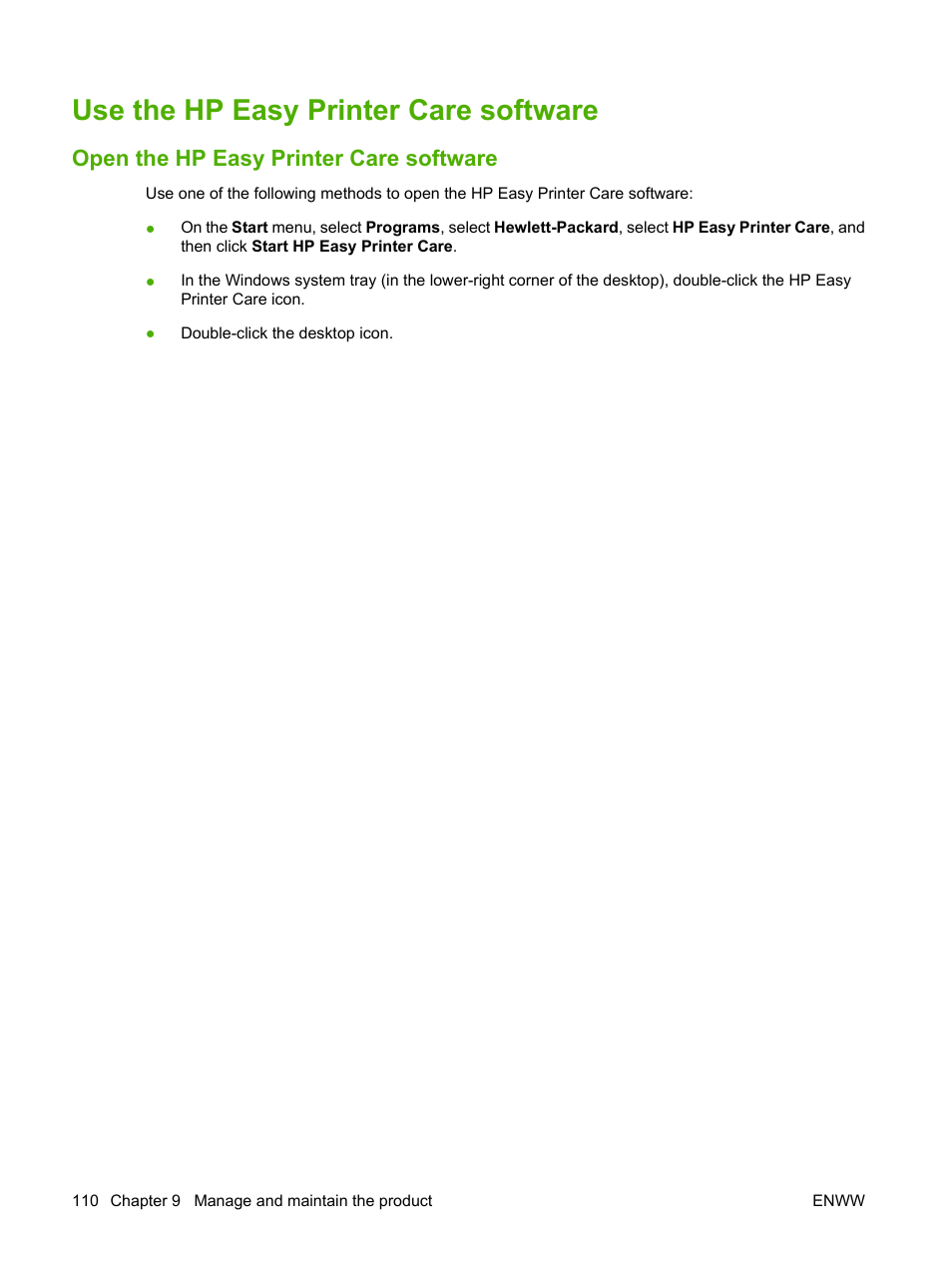 Use the hp easy printer care software, Open the hp easy printer care software | HP Laserjet p3015 User Manual | Page 122 / 246