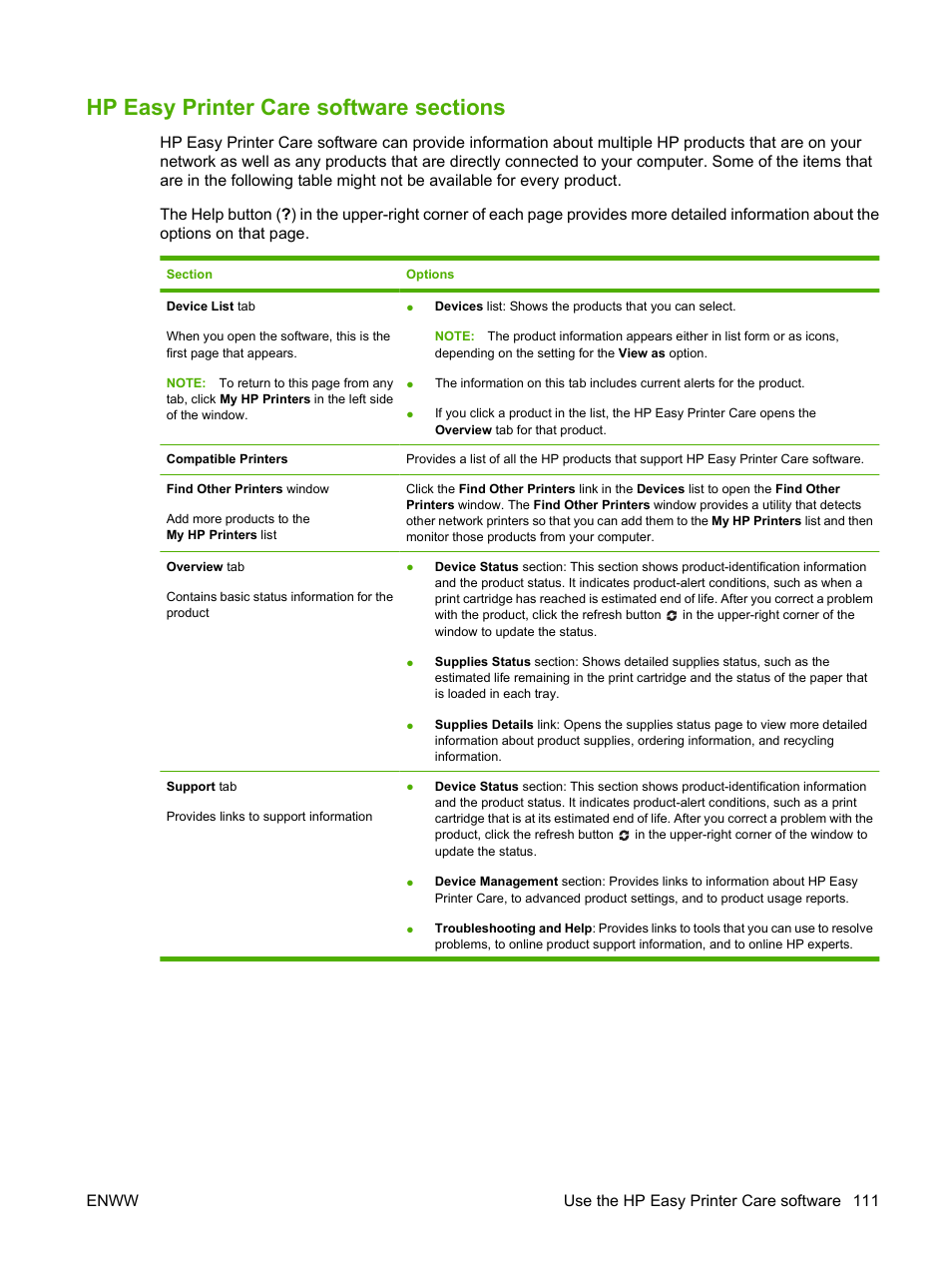 Hp easy printer care software sections | HP Laserjet p3015 User Manual | Page 123 / 246