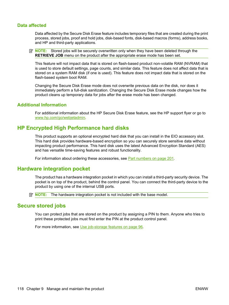 Data affected, Additional information, Hp encrypted high performance hard disks | Hardware integration pocket, Secure stored jobs, Data affected additional information | HP Laserjet p3015 User Manual | Page 130 / 246